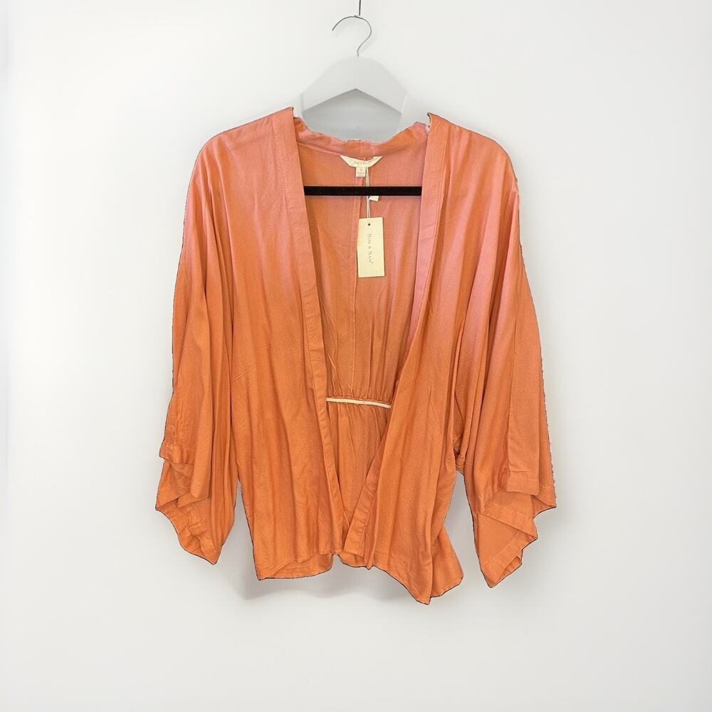 NWT SIM & SAM Cameo Brown Solid Rayon Open Front V-Neck Flowy Kimono Wrap S